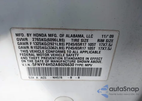 2010 Honda Pilot Ex-L from USA, damaged, VIN 5FNYF4H52AB026630